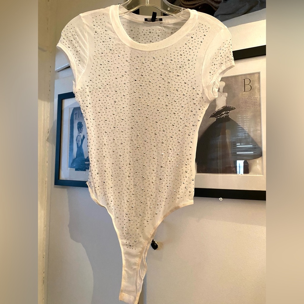 White mesh bodysuit with silver studs